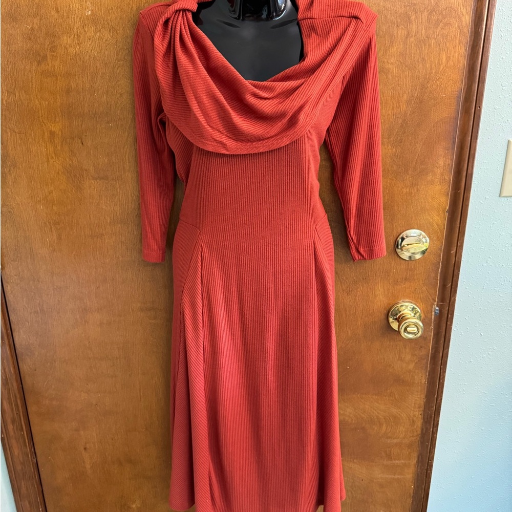 Robbie Bee Orange Sheath Dress with Cowl Neck and Dolman Sleeves